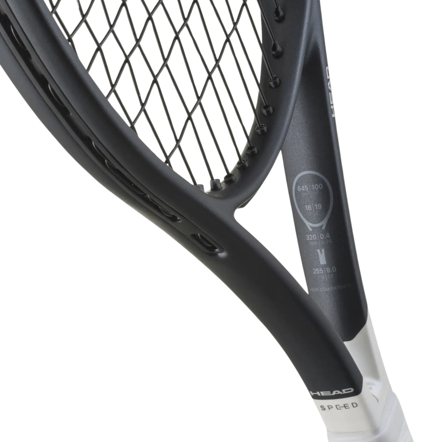 Close-up of a HEAD tennis racket showing the black frame, strings, and part of the white grip against a white background.