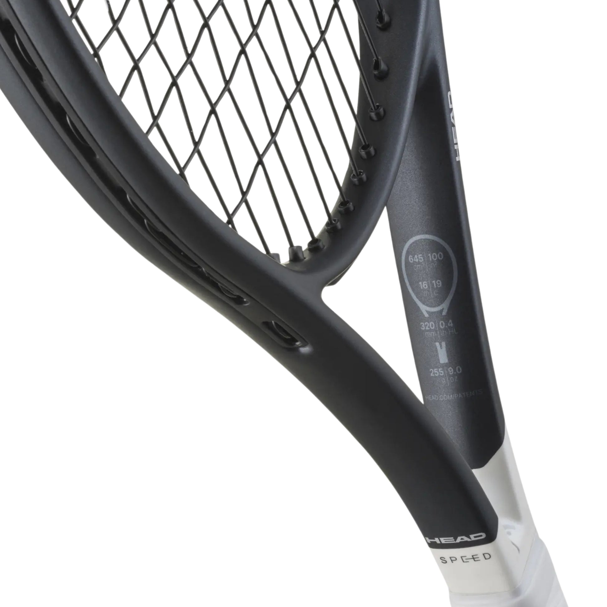 Close-up of a HEAD tennis racket showing the black frame, strings, and part of the white grip against a white background.
