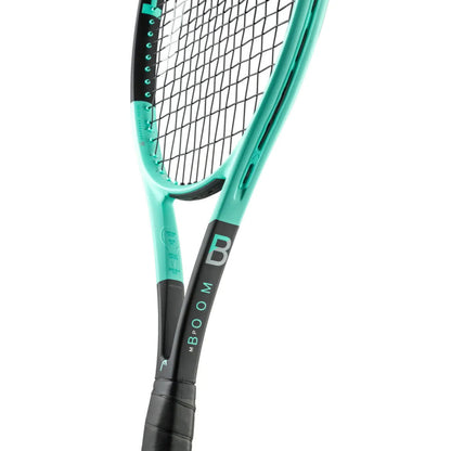 Head Tennis racket with a turquoise frame and black handle on a white background