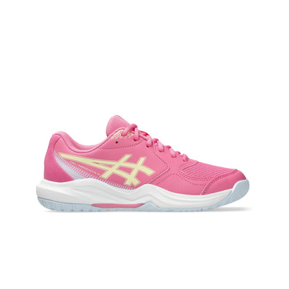 A pink tennis shoe with a light yellow Asics logo on the side, white midsole, and light blue outsole, shown in profile against a white background.
