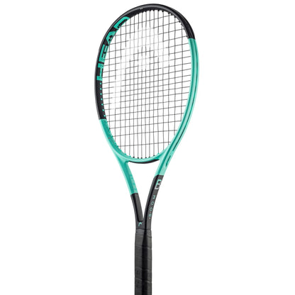 Head Tennis racket with teal frame and black strings on a white background