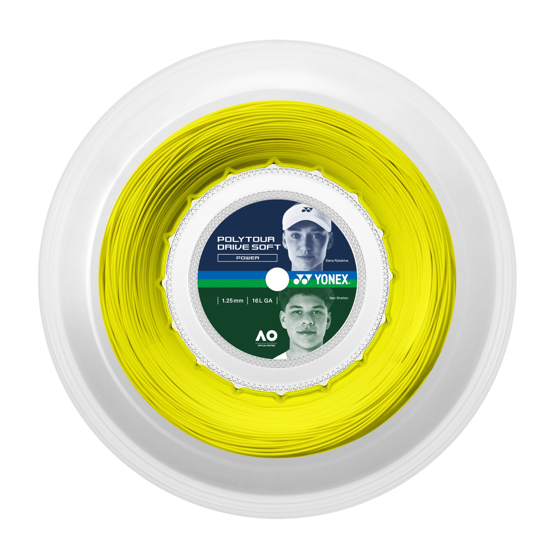 Reel of Yonex tennis string with a white background