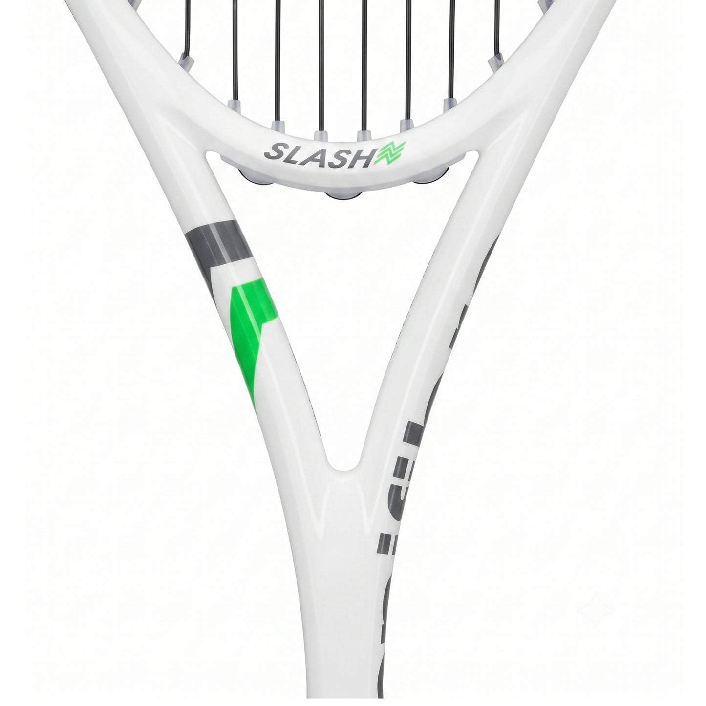 Close-up of a white Tecnifibre squash racket showing the throat, string bed, and part of the frame with green and gray logo accents on a white background.