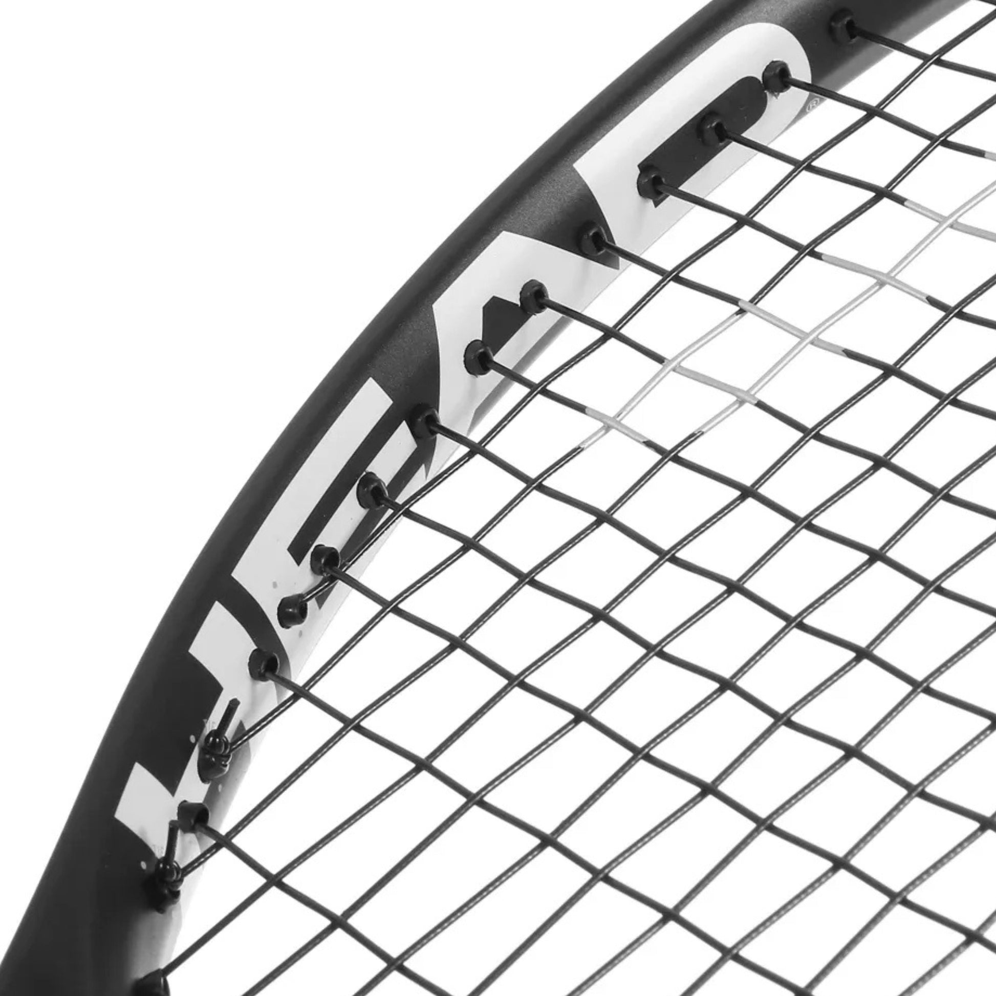 Close-up of a Head tennis racket frame and strings, showing the HEAD brand logo on the black racket rim against a white background.