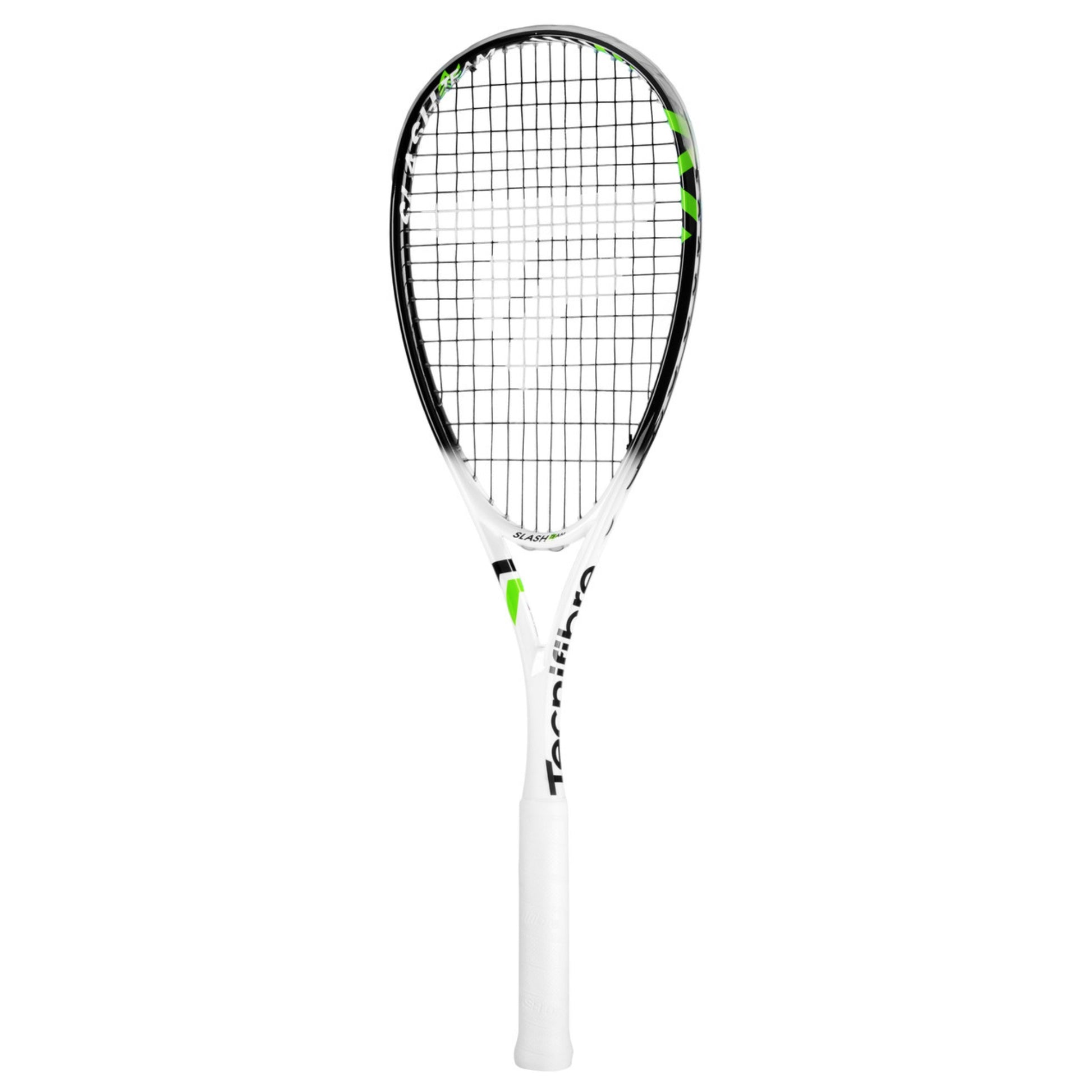 Black and white Tecnifibre squash racket on a white background
