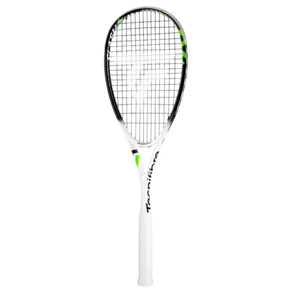 Black and white Tecnifibre squash racket on a white background