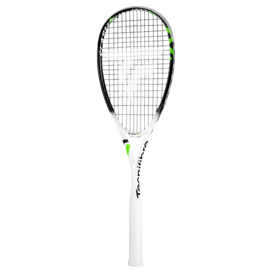 Black and white Tecnifibre squash racket on a white background