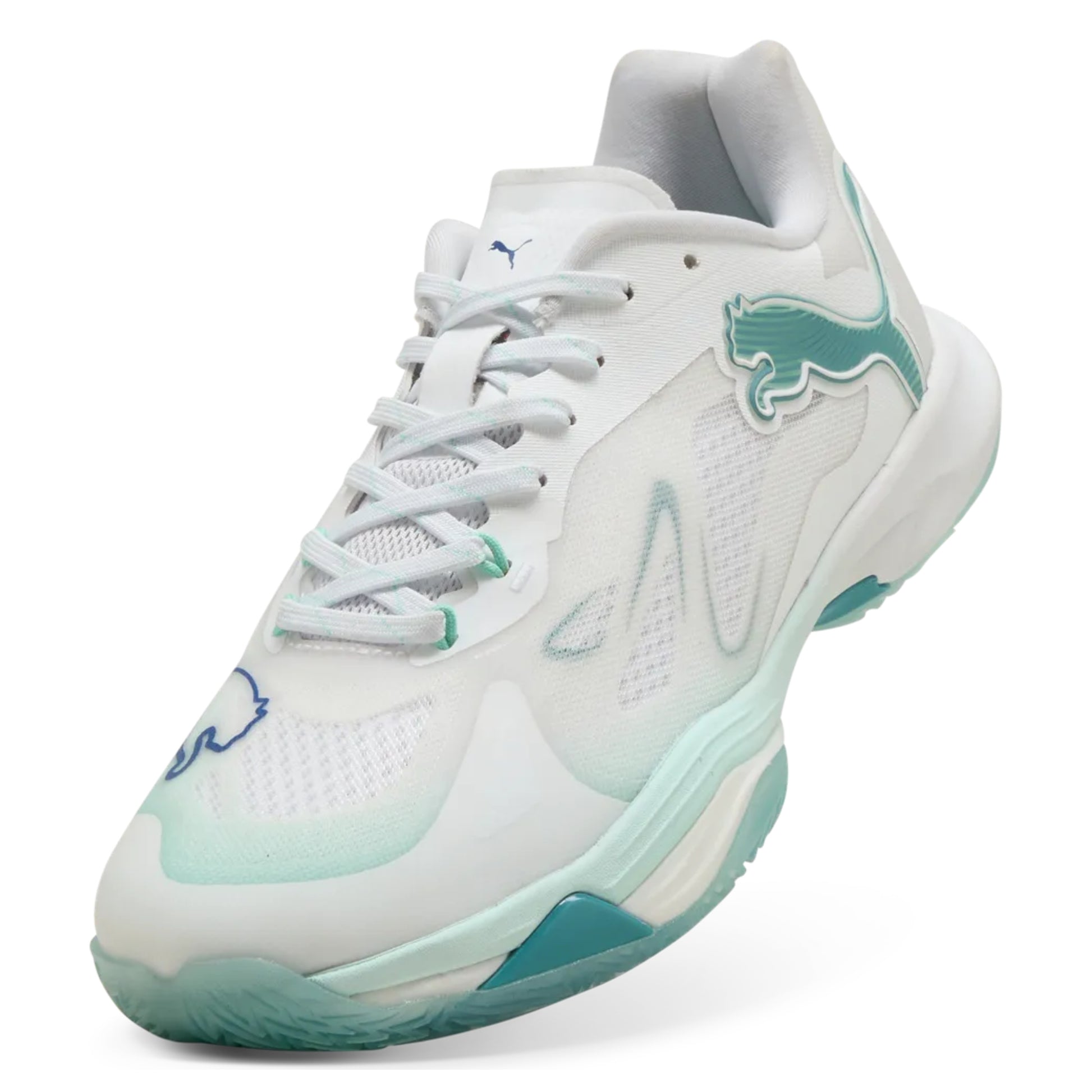 White and blue netball shoe with a brand logo on a white background