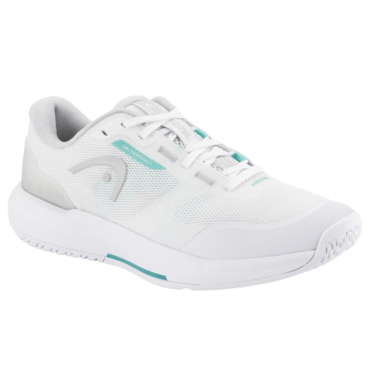 White Head tennis shoe with teal accents on a white background