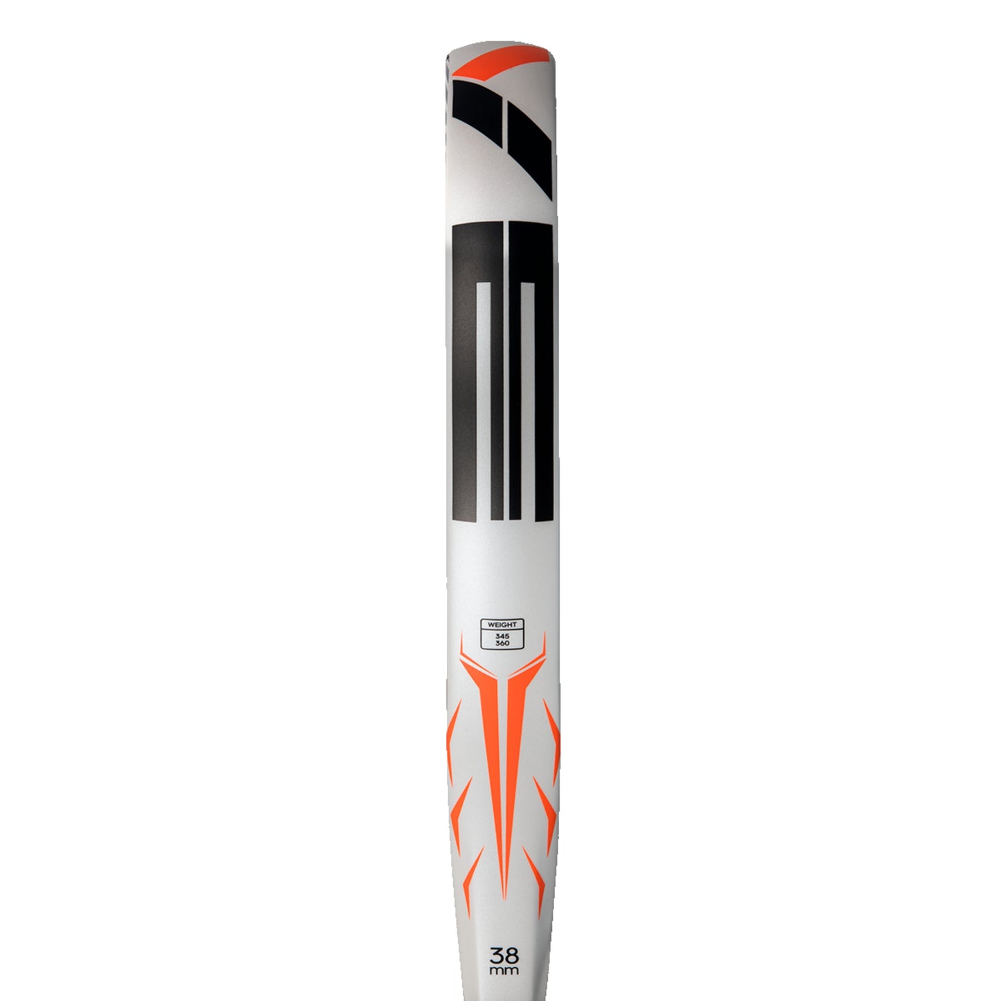 Padel racket with white, black, and orange design on a white background