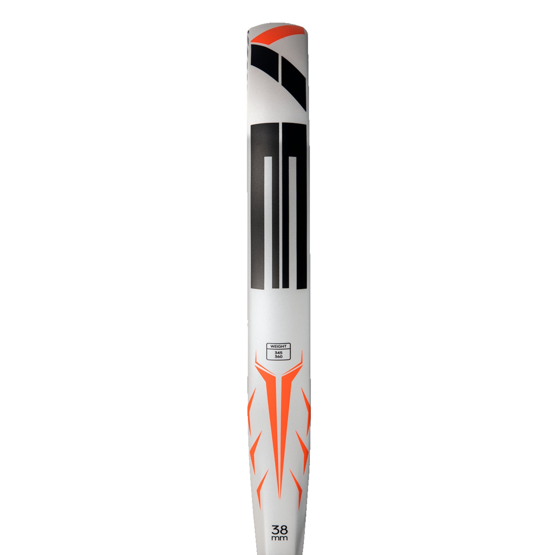 Padel racket with white, black, and orange design on a white background