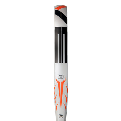 Padel racket with white, black, and orange design on a white background