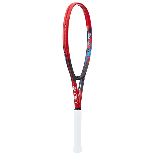 Red and black tennis racket with white handle on a white background