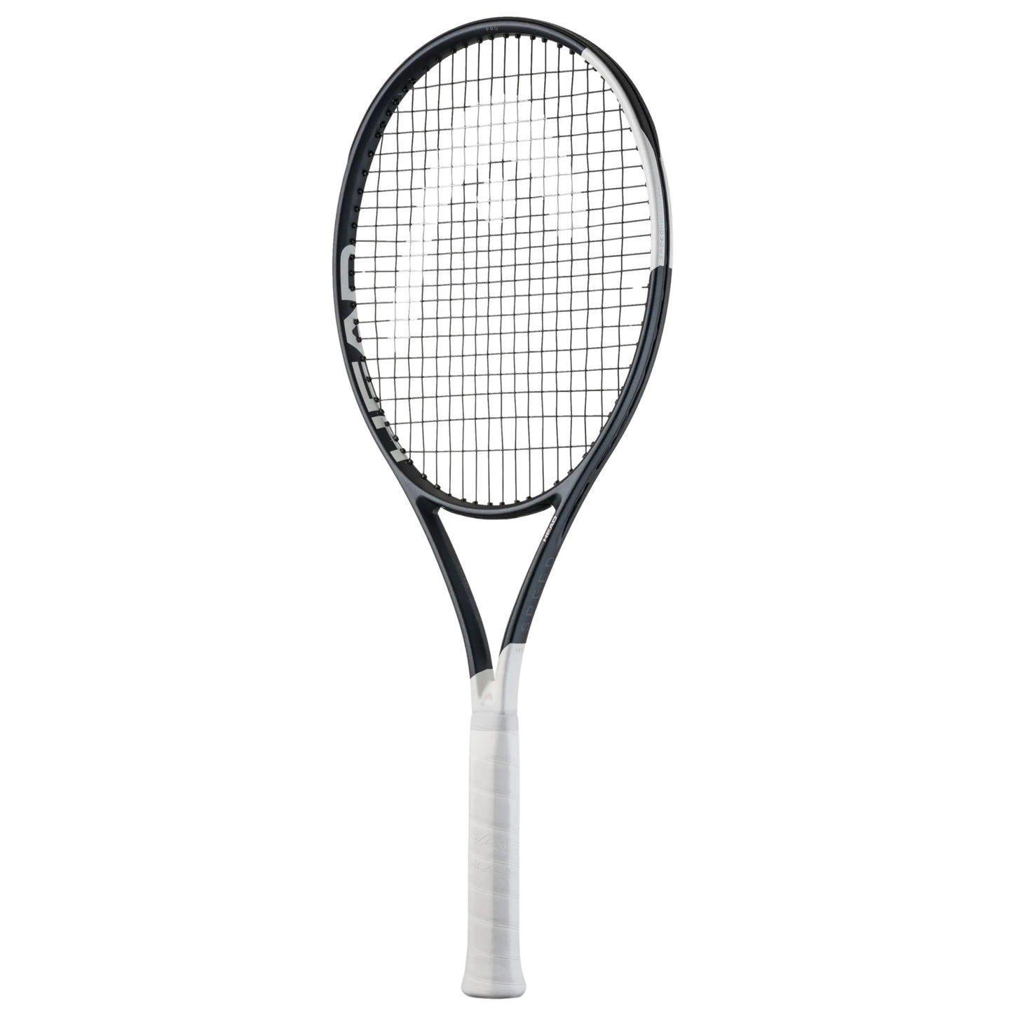 Tennis racket with black frame and white strings on a white background