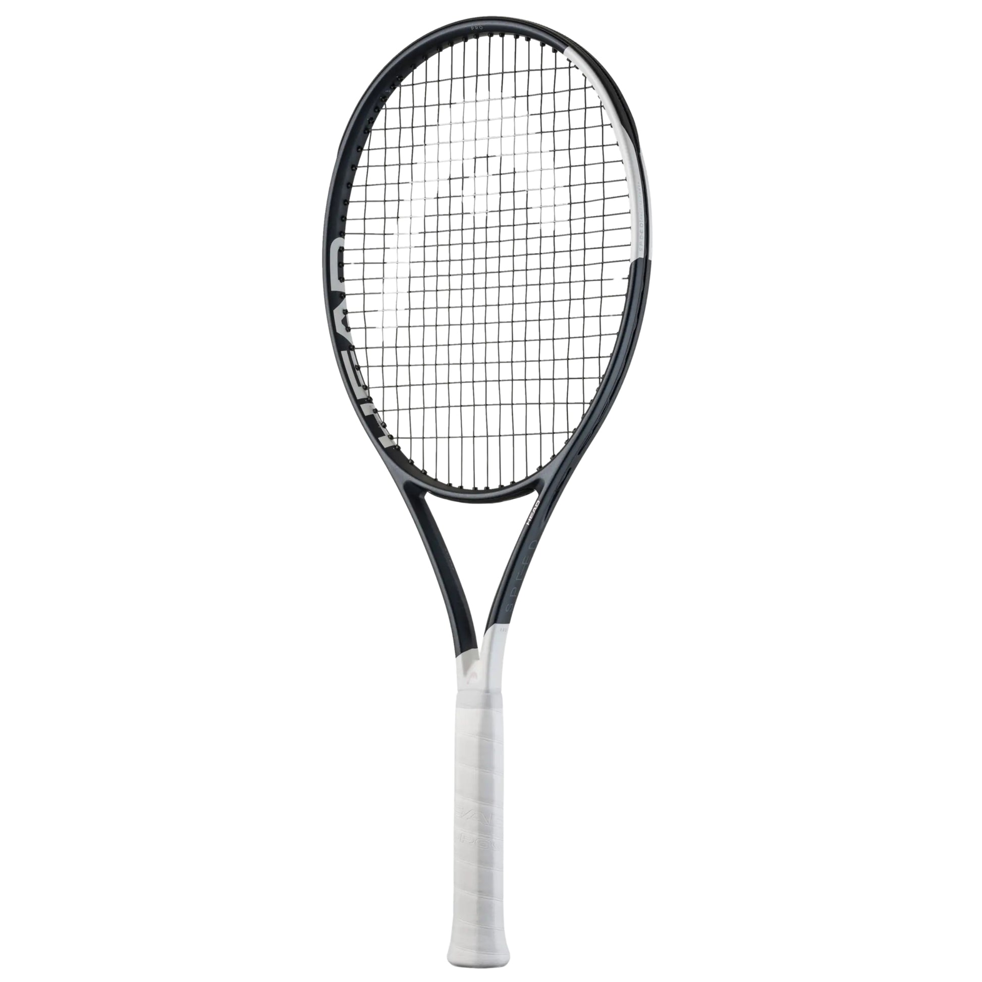 Tennis racket with black frame and white strings on a white background