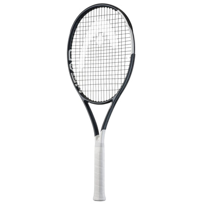 Tennis racket with black frame and white strings on a white background