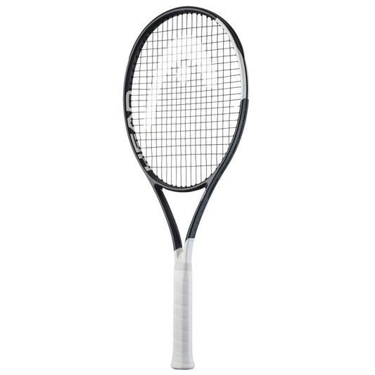 Tennis racket with black frame and white strings on a white background