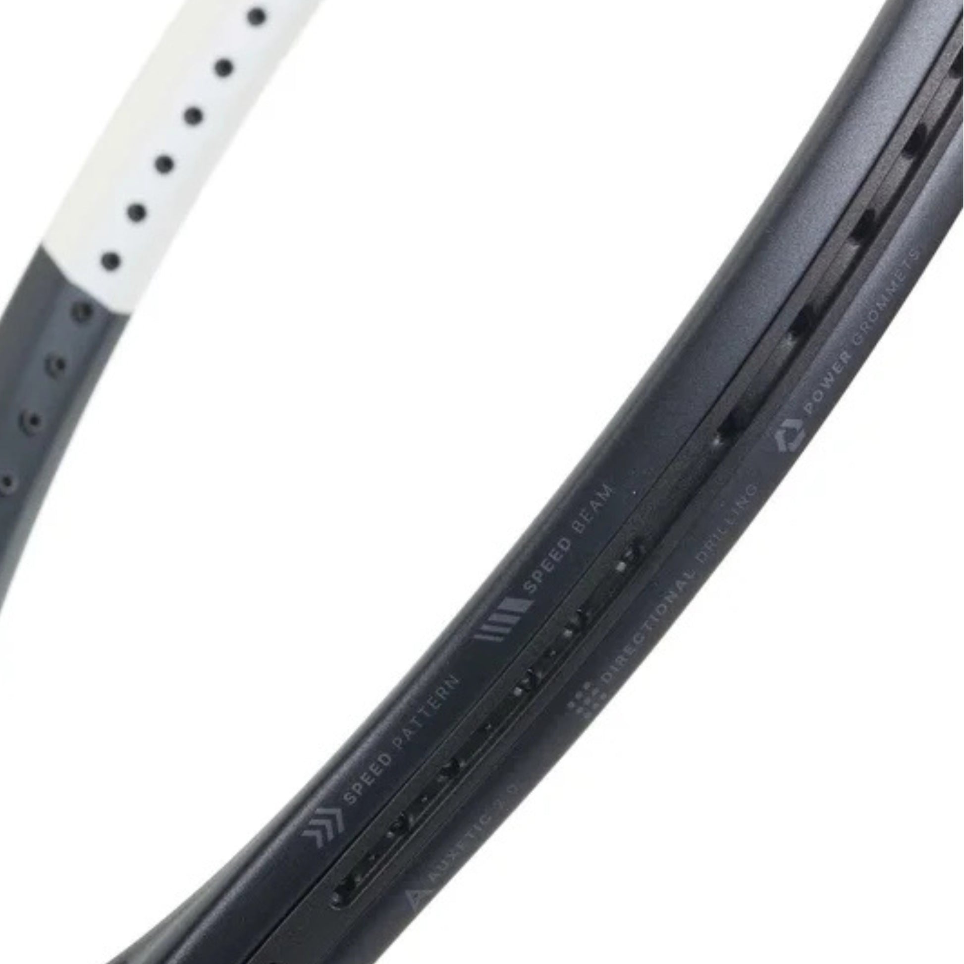 Close-up of a black and white tennis racket frame on a white background