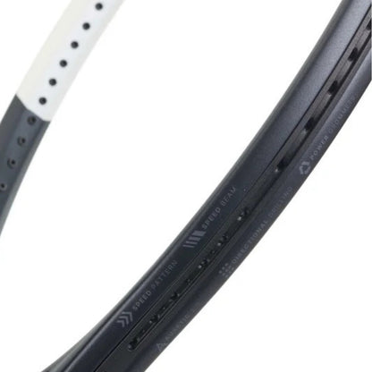 Close-up of a black and white tennis racket frame on a white background