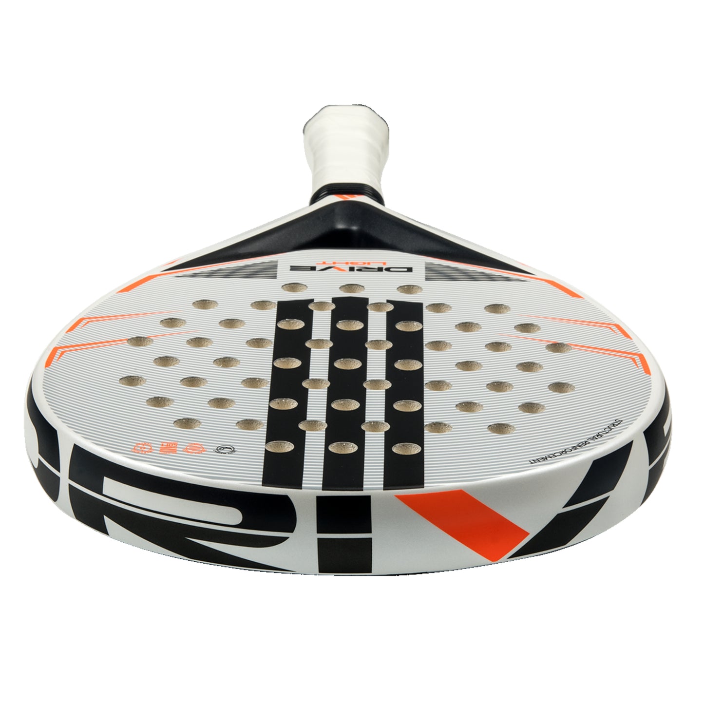 Padel racket with black, white, and orange design on a white background