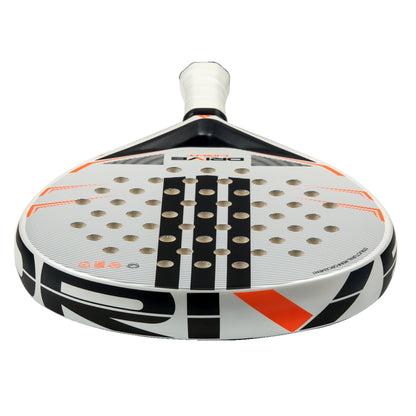 Padel racket with black, white, and orange design on a white background