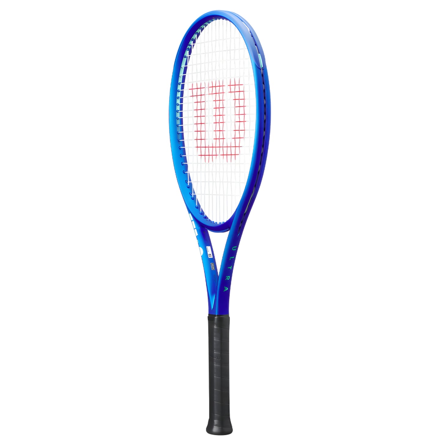 Blue tennis racket with Wilson branding on a white background
