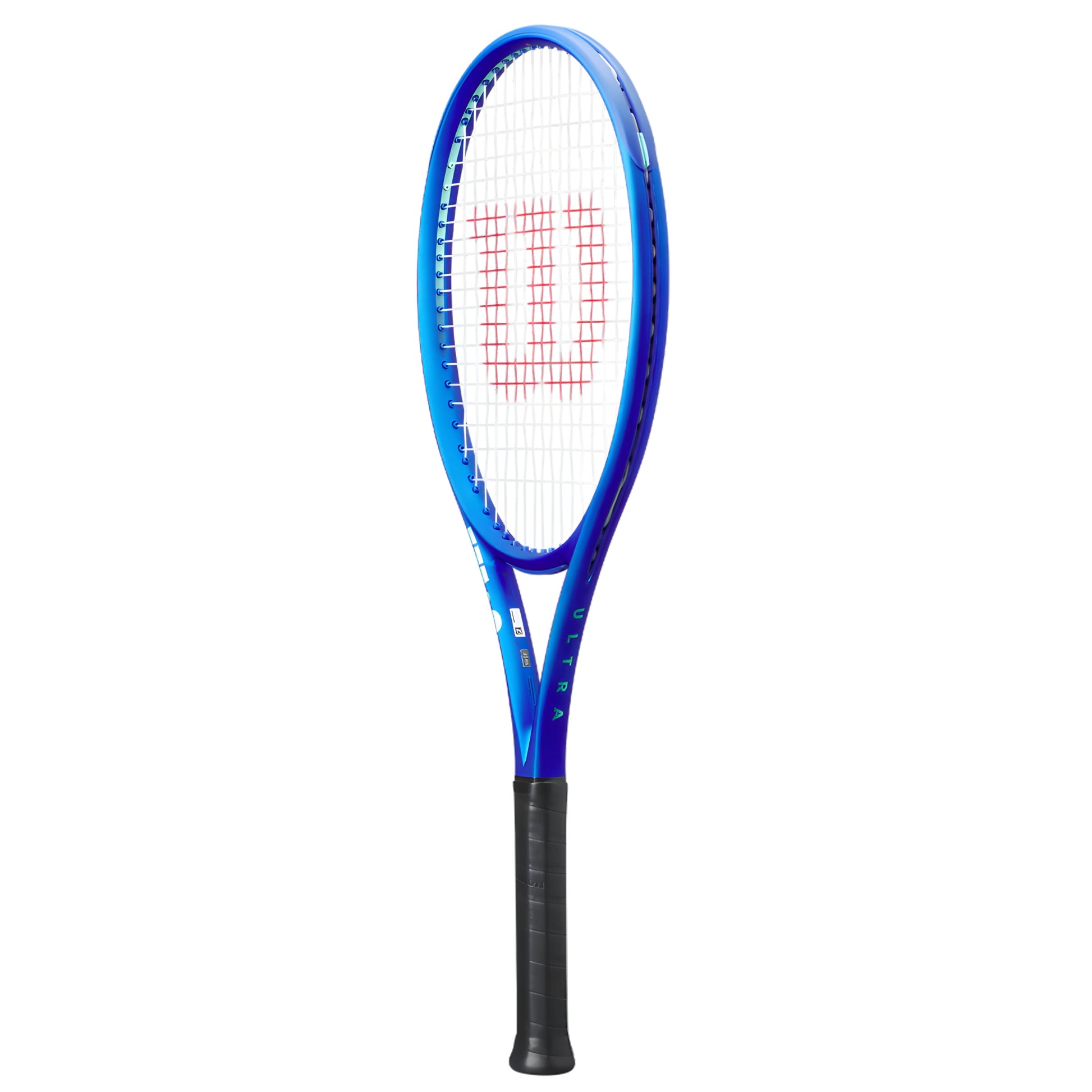 Blue tennis racket with Wilson branding on a white background