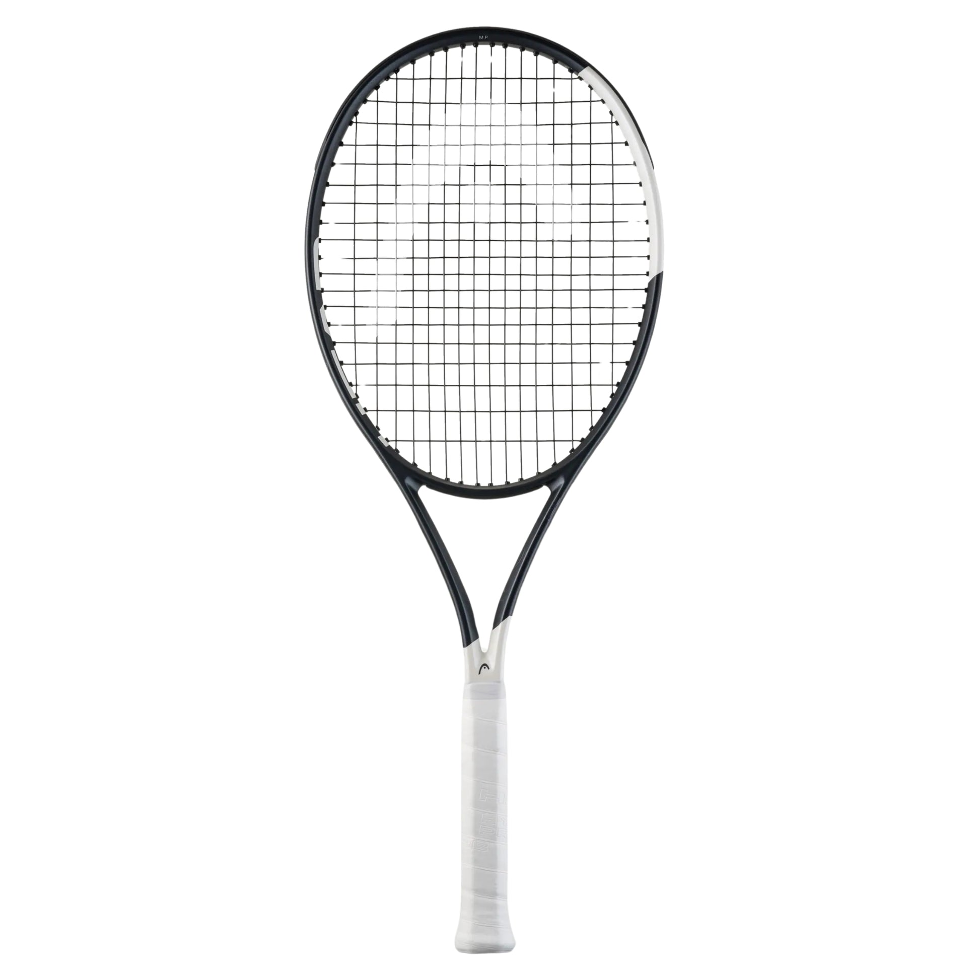 Tennis racket with black frame and white strings on a white background