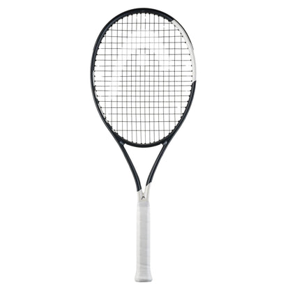 Tennis racket with black frame and white strings on a white background
