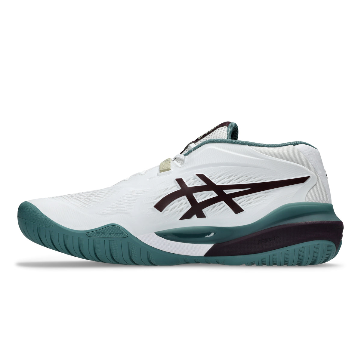 A white Asics tennis shoe with a dark teal midsole and heel, a dark burgundy logo on the side, and a light beige lace detail, shown against a plain white background.