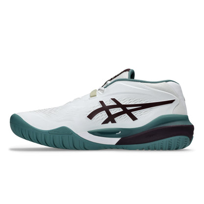 A white Asics tennis shoe with a dark teal midsole and heel, a dark burgundy logo on the side, and a light beige lace detail, shown against a plain white background.