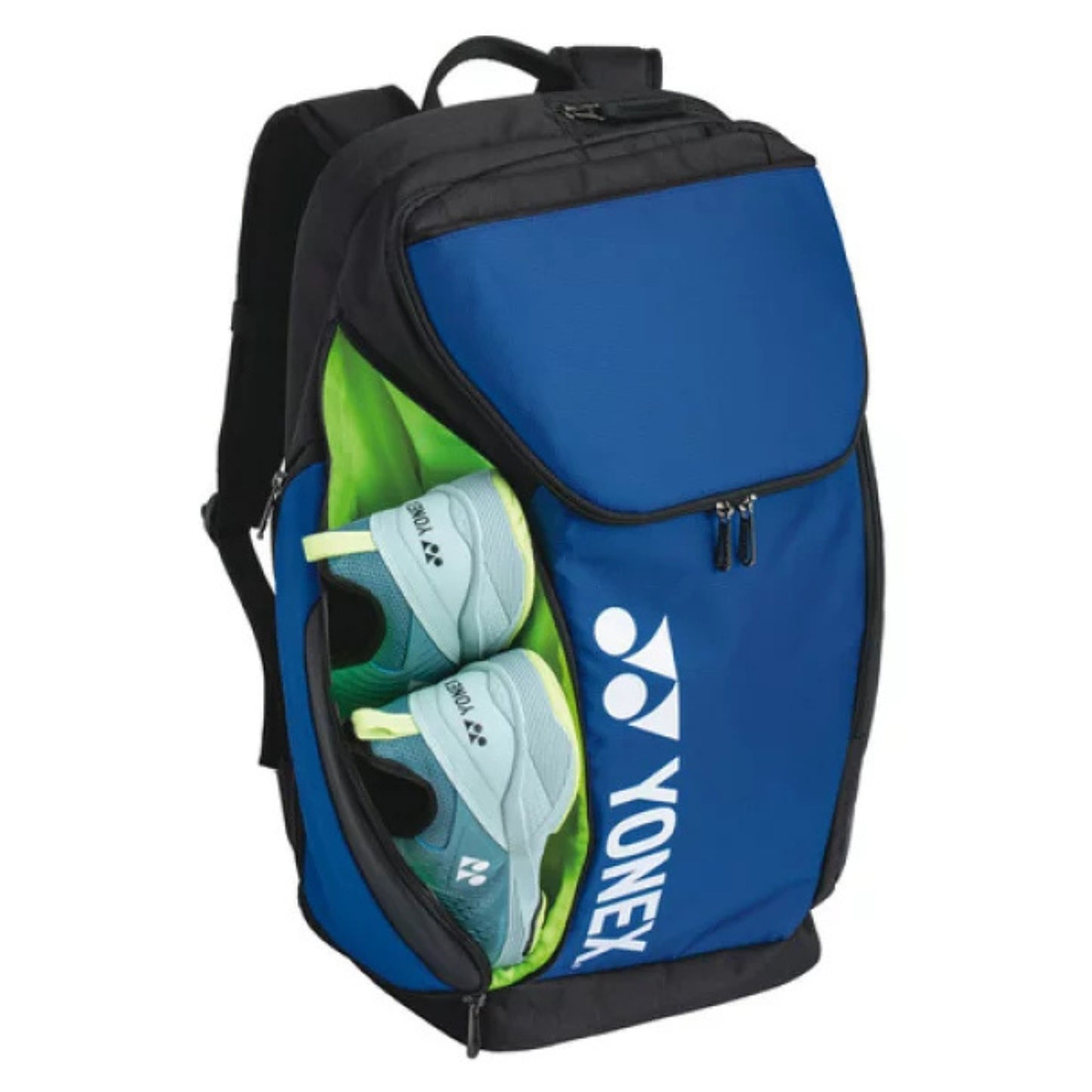 Blue Yonex backpack with a shoe compartment on a white background