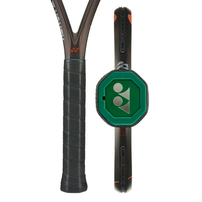 Yonex tennis racket shown from the back, featuring a black grip, black frame, and a green octagonal protective cover with the Yonex logo.