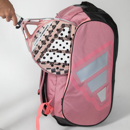 Pink adidas Padel bag with a padel and racket on a white background