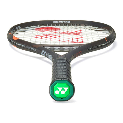A Yonex Isometric tennis racket shown from the back, featuring a black frame with orange accents, white strings, and a bright green Yonex logo badge on the handle end.