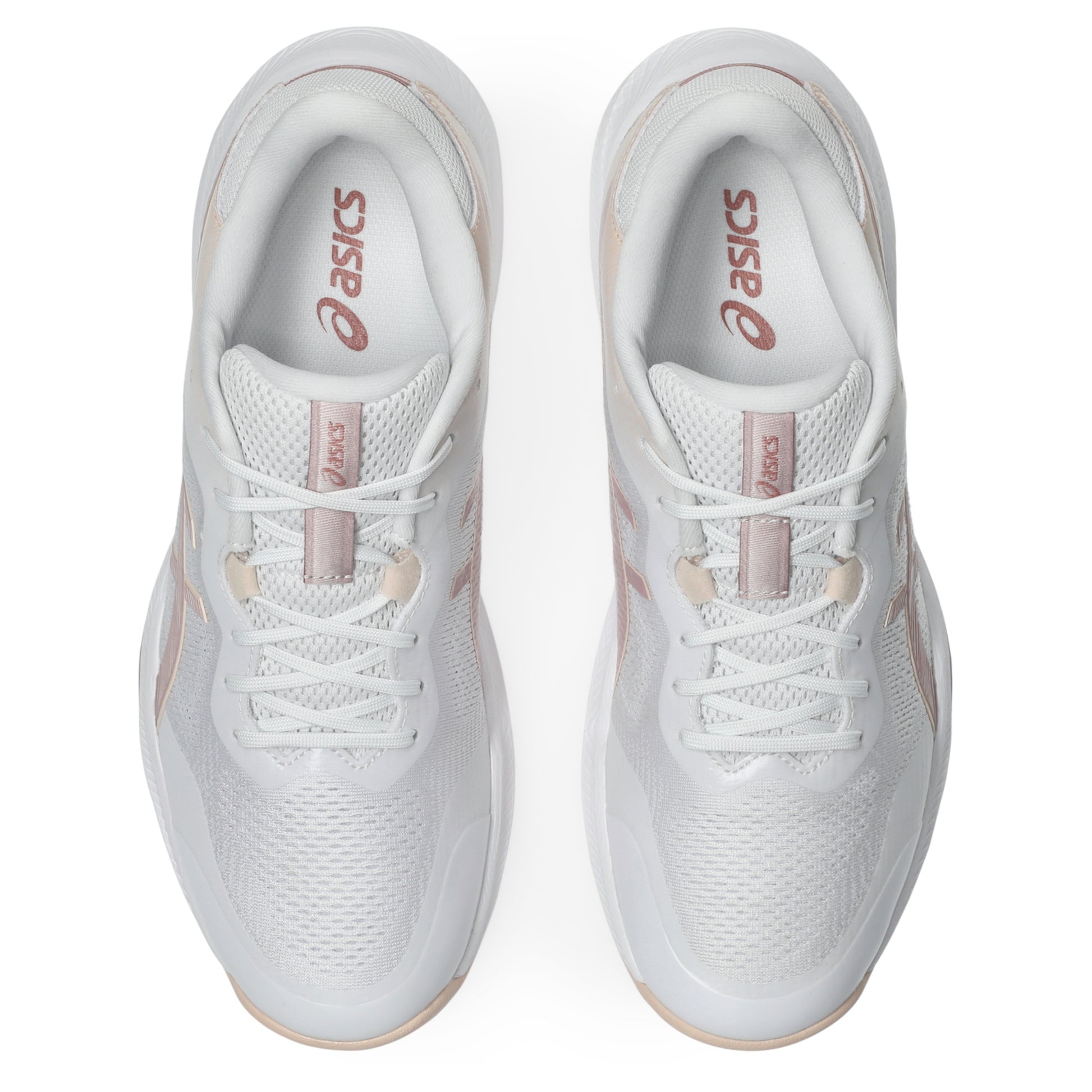 White netball shoes with pink accents on a white background