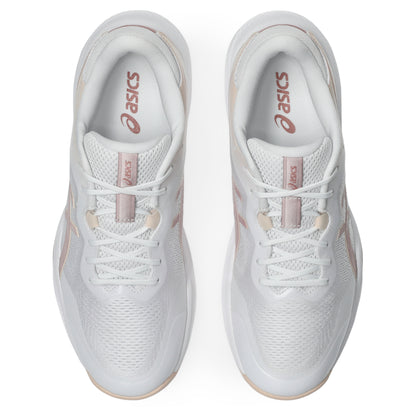 White netball shoes with pink accents on a white background