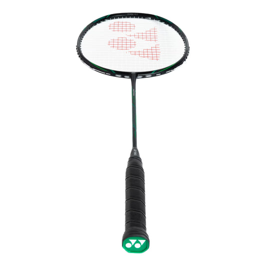Badminton racket with a white strings bed and black handle on a white background