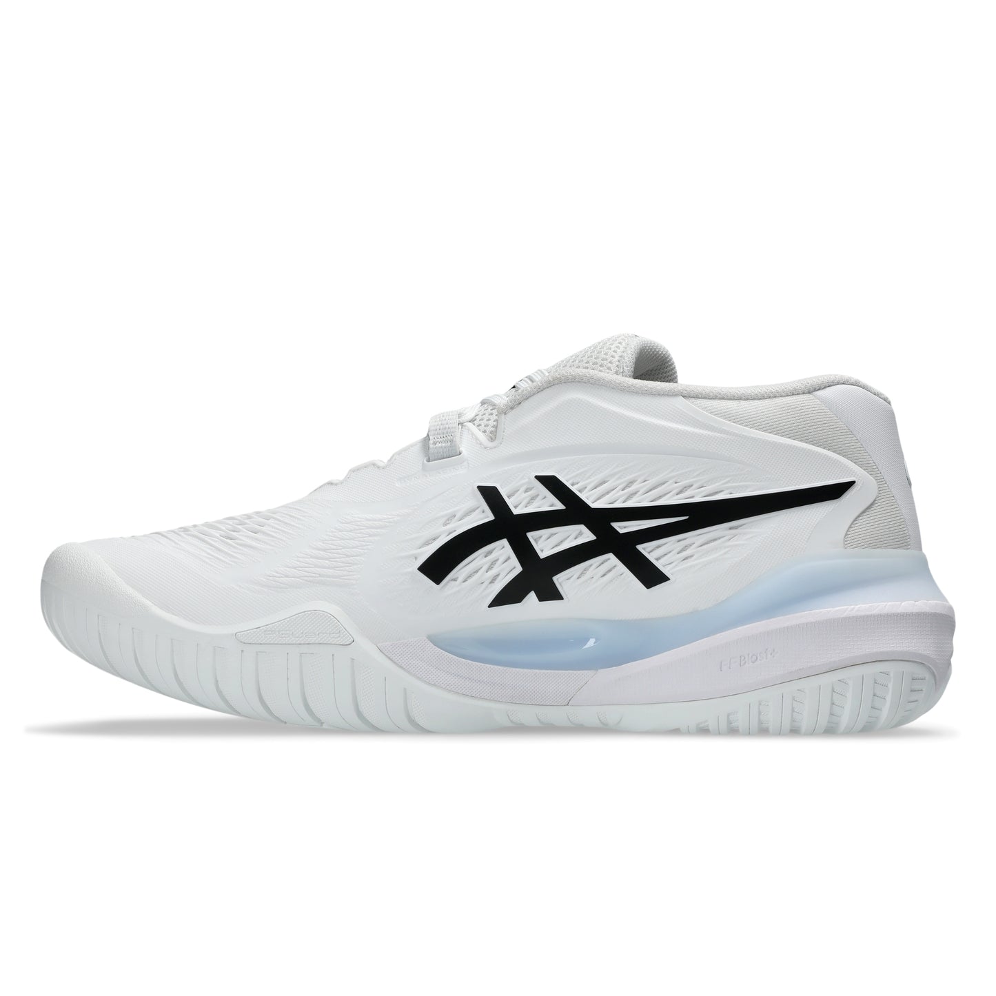 White tennis shoe with black logo on a white background