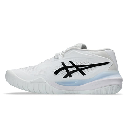 White tennis shoe with black logo on a white background
