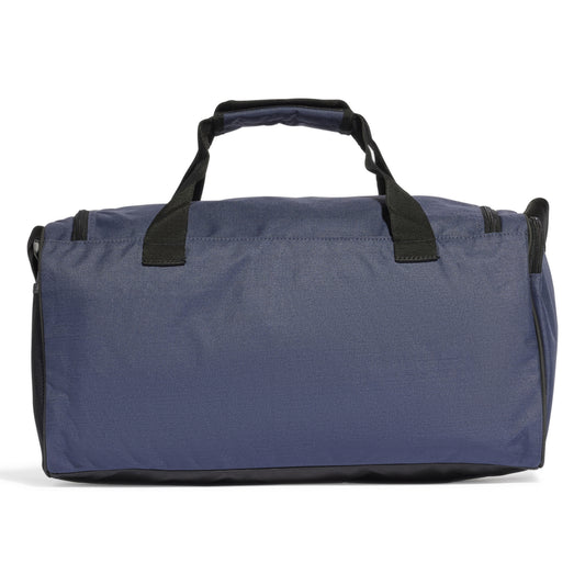Blue duffel bag with black handles on a white background