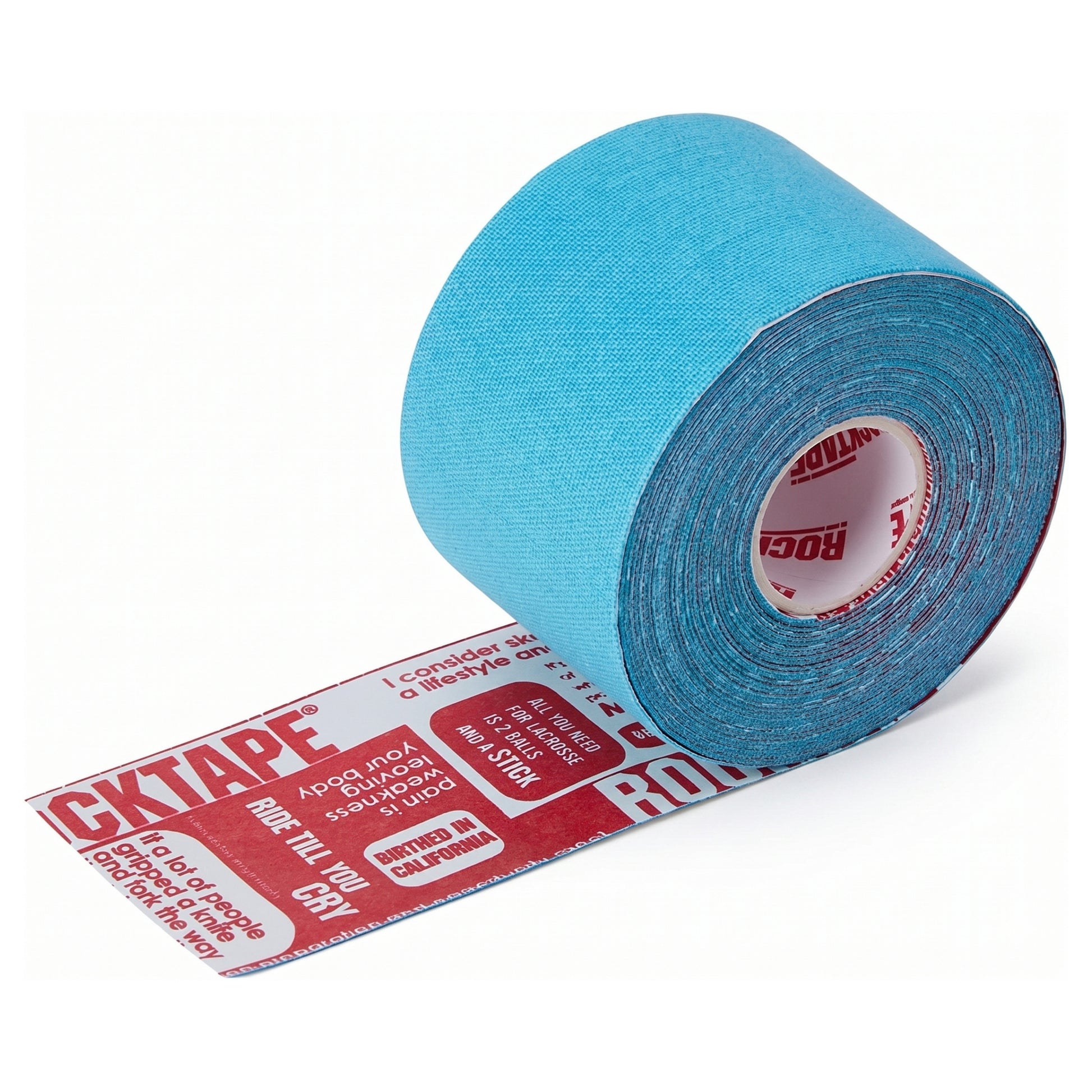 Roll of blue tape with red label on a white background