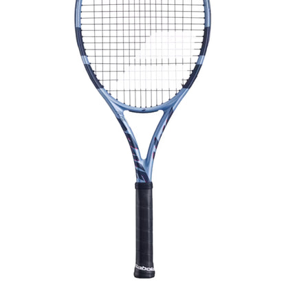 Blue and Navy Babolat racket with wording Pure Drive and black handle