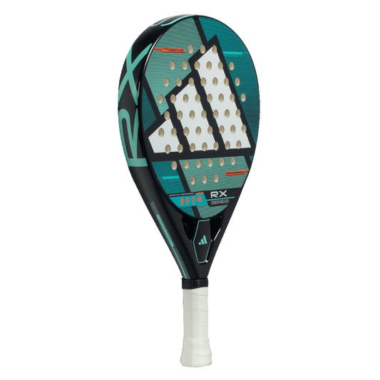 Green and white with red accents adidas padel racket with wording RX on a ehite background