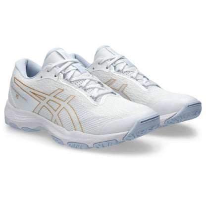 White tennis shoes with gold accents on a white background
