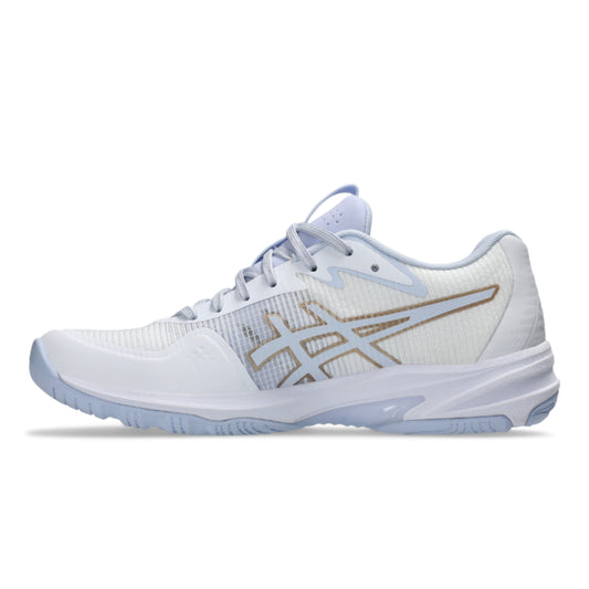 White Asics netball shoe with light blue accents on a white background