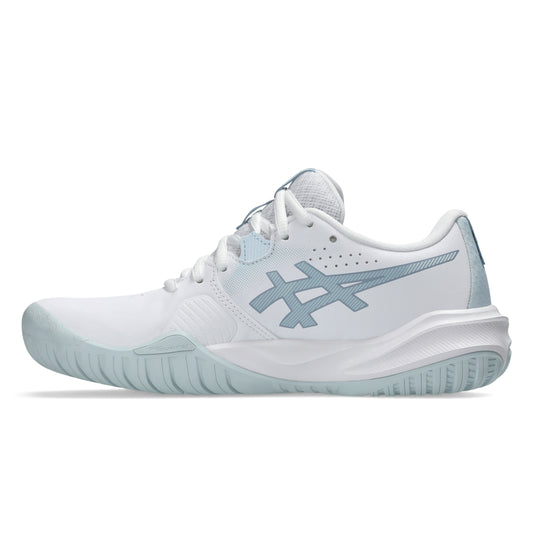 White and blue Asics shoe on a white background