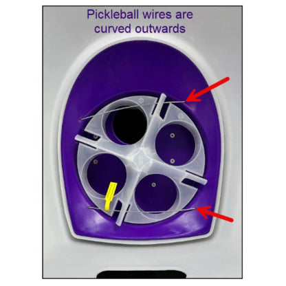 Close-up of a pickleball paddle with text and arrows indicating curved wires.