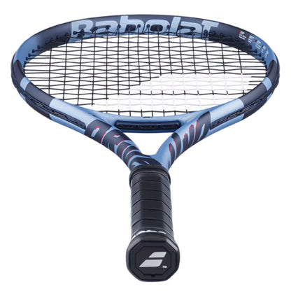 Blue and Navy Babolat tennis racket, with Babolat wording at the top of the racket, Drive on the left side 