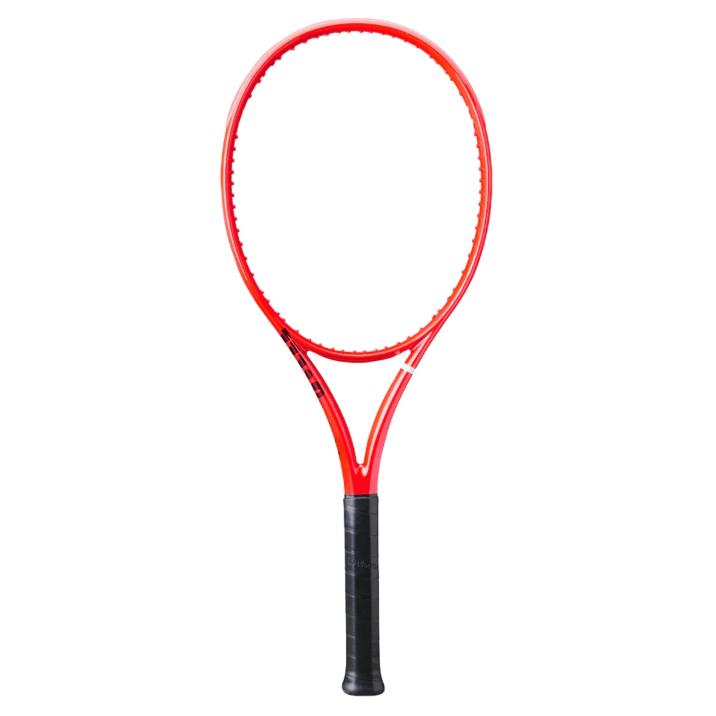 A red Wilson tennis racket with a black grip handle, shown vertically against a plain white background.